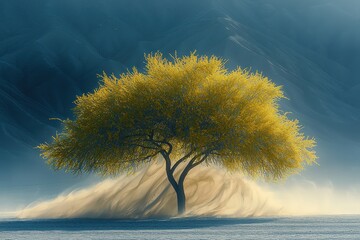 Golden tree standing alone in desert sandstorm with dramatic blue mountains in the background, mystical solitude, nature resilience, minimalist landscape