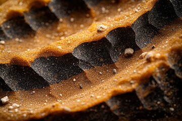 Macro closeup of sand patterns and pebbles on a tire tread surface in nature, textured earth layers background