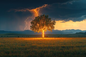 Solitary tree struck by lightning in dramatic sunset landscape with stormy sky and glowing horizon
