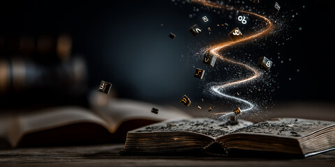 Open book with glowing letters and numbers swirling above it, creating magical and mysterious atmosphere. scene is set against dark background, highlighting golden hues of book and floating