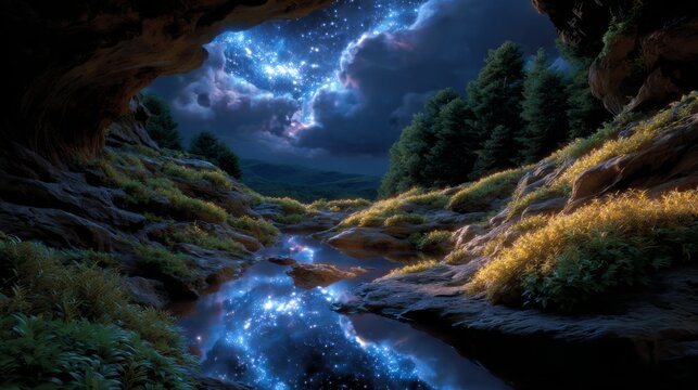 Mystical Night Landscape: Starry Sky Reflected in Water, Serene Forest Cave Entrance