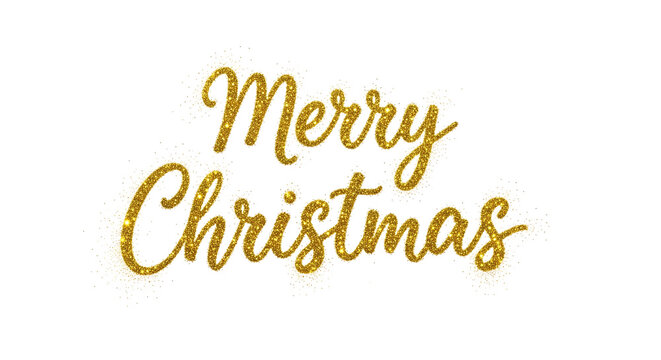 Gold glitter 'Merry Christmas' text on a white background.