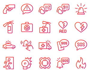 Simple Set of Emergency Related Vector Line Icons. Contains such Icons as Automated external defibrillator, Siren, Emergency phone number and more black	