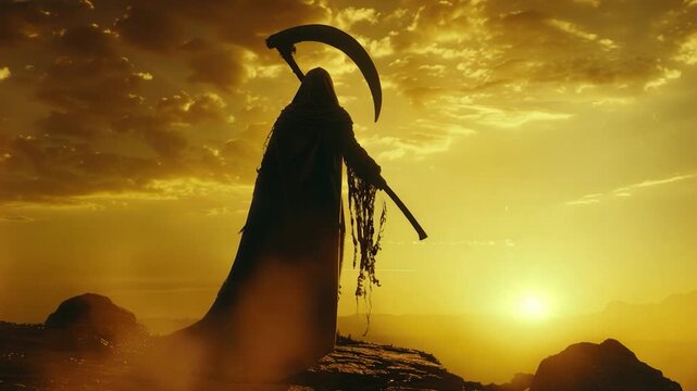Video A person wielding a scythe stands atop a mountain, potentially symbolizing harvest or reaping