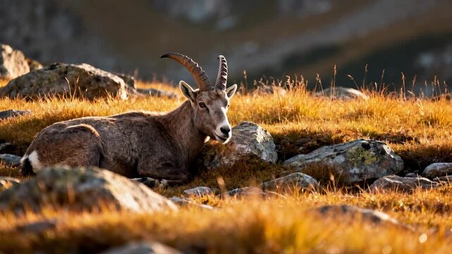 Mountain ibex resting peacefully among autumn rocks in golden light