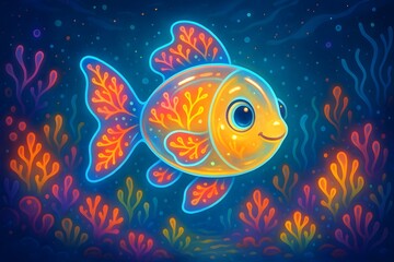 Vibrant Cartoon Goldfish Illustration in a Fantasy Underwater World: Colorful and Glowing Marine Life Art for Children's Decor