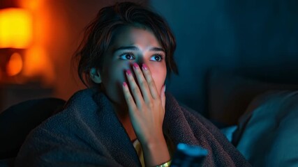 Young woman wrapped in a cozy blanket, intently watching a suspenseful scene on TV, with warm ambient lighting creating an engaging atmosphere, camera zooms in on her expressions