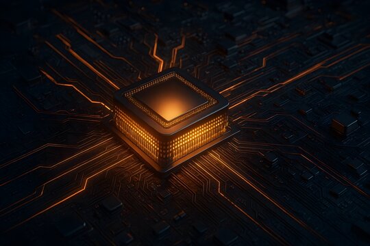 Glowing CPU chip on futuristic digital circuit board - Powered by Adobe