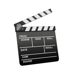 Obraz premium A black and white clapperboard with the words prod, scene, take, roll, date, soull, cam, and sound isolated on transparent background for filmmaking