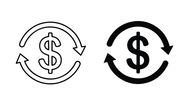 Dollar sign symbol with circular arrows indicating exchange or currency conversion - Line and glyph icon and logo - Vector icon symbol for website - Icon vector