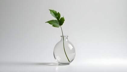 Minimalistic clear vase with single green leaf, white studio background