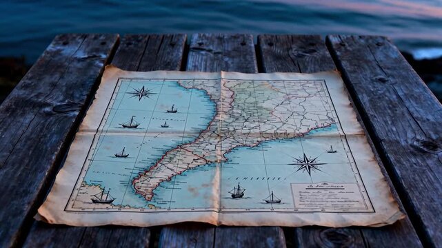 Old vintage map of South America laid on rustic wooden table by water shore