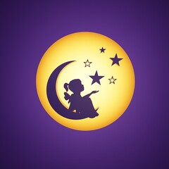 A fairy girl sits on a moon surrounded by stars, against the backdrop of the night sky. This magical 3D illustration evokes a sense of fairy tale, dream and magic, imagination and inspiration.