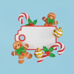 A 3D Christmas label featuring gingerbread cookies, candy canes, and holiday decorations with space for text. Perfect for greeting cards, invitations, social media posts, or Christmas sale banners. 