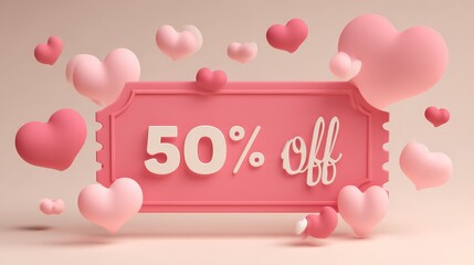 Pink 50% off sale ticket with floating heart shaped bubbles on light background, romantic Valentine's Day discount coupon vector flat design.