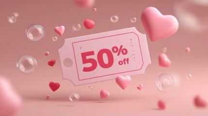 Pink 50% off sale ticket with floating heart shaped bubbles on light background, romantic Valentine's Day discount coupon vector flat design.