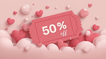 Pink 50% off sale ticket with floating heart shaped bubbles on light background, romantic Valentine's Day discount coupon vector flat design.