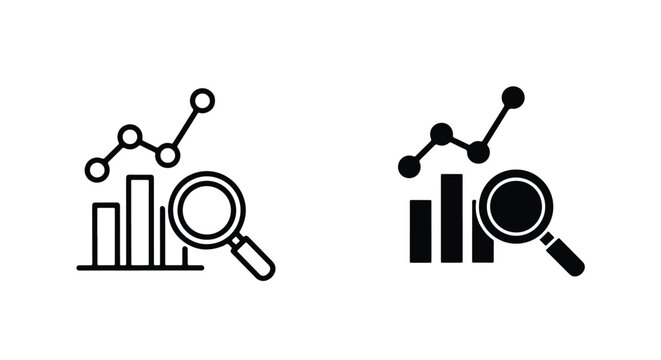 Magnifying glass over bar chart and line graph analysis icon set - Line and glyph icon and logo - Vector icon symbol for website - Icon vector