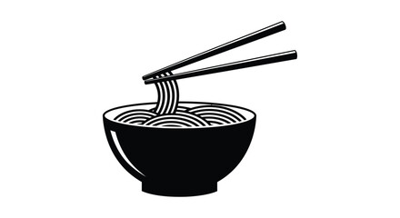 Steaming hot noodles being picked up with chopsticks from a simple bowl silhouette