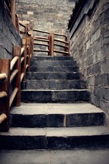 Worn stone steps of ancient Chinese architecture with aged wooden railings and textured stone walls, vintage aesthetic with dark tones and grainy texture.