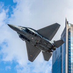 A grey fighter jet ascends in a clear blue sky, near a modern building