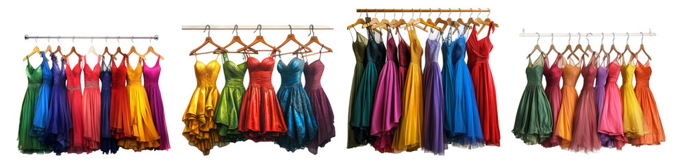 Colorful Collection of Elegant Dresses on Display in a Boutique, PNG bundle collection, Isolated on Transparent Background