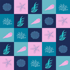 Seamless checkered pattern inspired by the underwater world, featuring seashells, corals, starfish, sea plants and abstract marine elements in blue, teal and pink tones for textile and decor.