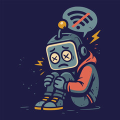 Cartoon Robot Panicking About Lost Wi-Fi in Urban Vector Style