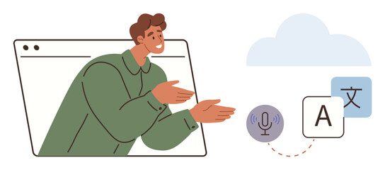 Man gesturing from browser window toward translation icons, microphone, and cloud graphic. Ideal for language learning, communication, technology, education, AI, innovation simple flat metaphor