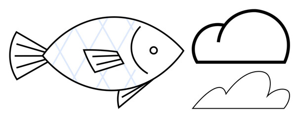 Fish in geometric style with crisscross pattern, two outlined clouds. Ideal for nature, eco, simplicity, dreaming, marine life, minimalism climate concepts. Clean and simple flat metaphor