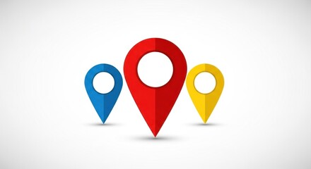 Three colorful map pins arranged in a triangular formation