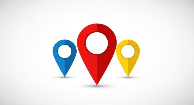 Three colorful map pins arranged in a triangular formation