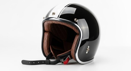 Glossy black helmet with white stripe, brown quilted interior, on white