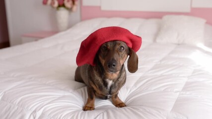 Dog in red beret poses on bed, camera pans to showcase playful demeanor
