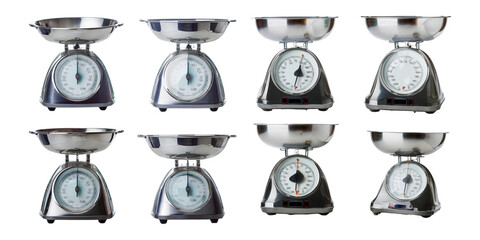 Set of retro-style kitchen scales featuring stainless steel bowls and analog dials, ideal for accurate weight measurement, isolated on a transparent background.