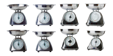 Set of retro-style kitchen scales featuring stainless steel bowls and analog dials, ideal for accurate weight measurement, isolated on a transparent background.