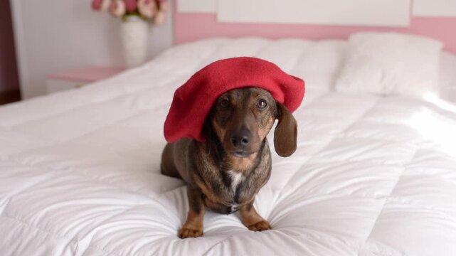 Dog in red beret poses on bed, camera pans to showcase playful demeanor