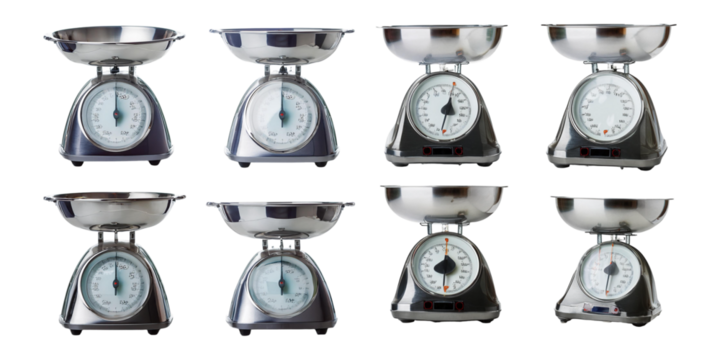 Set of retro-style kitchen scales featuring stainless steel bowls and analog dials, ideal for accurate weight measurement, isolated on a transparent background. - Powered by Adobe