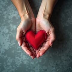 Fototapeta premium Patriotism and military appreciation concept with a woman's hands holding a red fabric heart on a camouflage uniform.