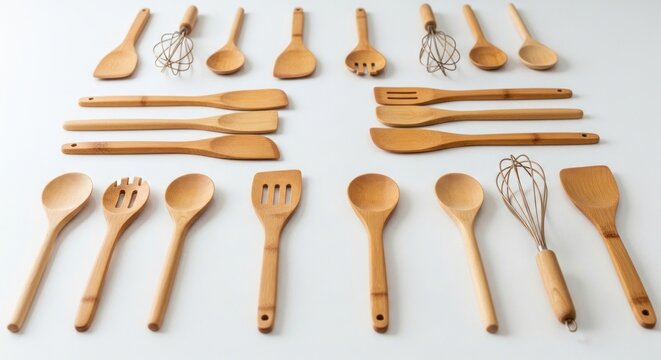 Assorted wooden kitchen utensils and whisks arranged neatly