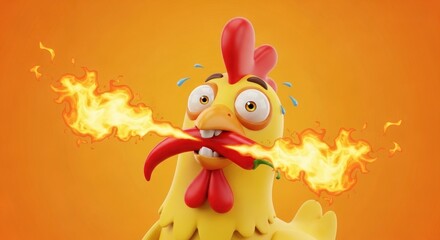 Obraz premium Cartoon chicken with chili pepper in mouth, spewing fire and sweat