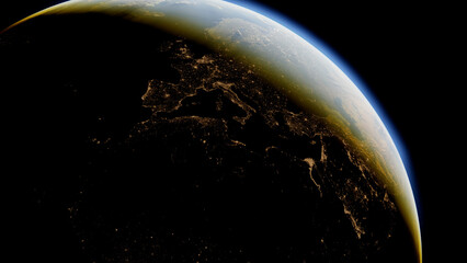 Realistic view of Earth from Space. Night and day, 3D render. Europe, Italy, Spain, Germany, and France.
