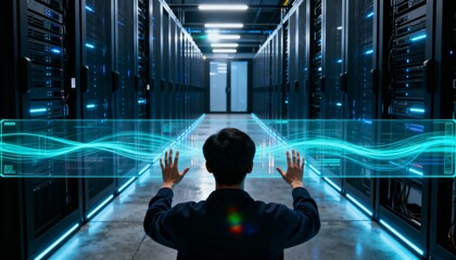 Person interacting with futuristic holographic interface in data center aisle