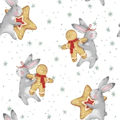Gordijnen Aquarel set 1 Cute pattern, Watercolor Bunnies with Christmas Treats. bunnies holding gingerbread men and star-shaped cookies.  festive pattern is created with delicate snowflakes scattered on a white background  © BloomPix