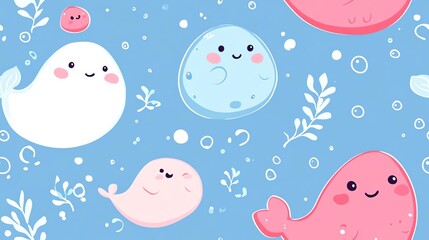 Cute cartoon whales swimming in a blue ocean.