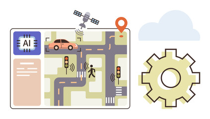 AI chip managing traffic flow via a smart map with autonomous car, pedestrian, satellite, and location pin. Ideal for technology, innovation, AI, transportation, connectivity automation future