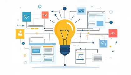 Illustration of a light bulb surrounded by digital icons and connections.