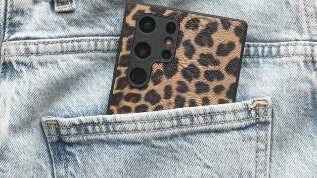 Smartphone featuring leopard print case is nestled in denim pocket, camera zooms in