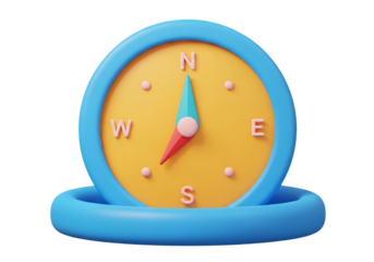 Round yellow compass with blue border and red needle showing direction isolated on transparent background