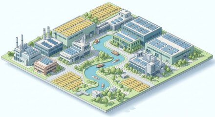 Obraz premium Isometric industrial park with solar panels, factories, and a canal